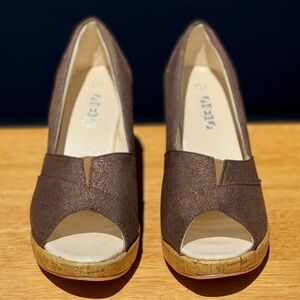 Taupe Metallic Peep Toe Wedge Heels